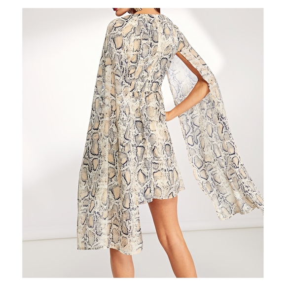 White Beige Snake Print V Neck Sheer Sleeve Dress - Picture 3 of 5
